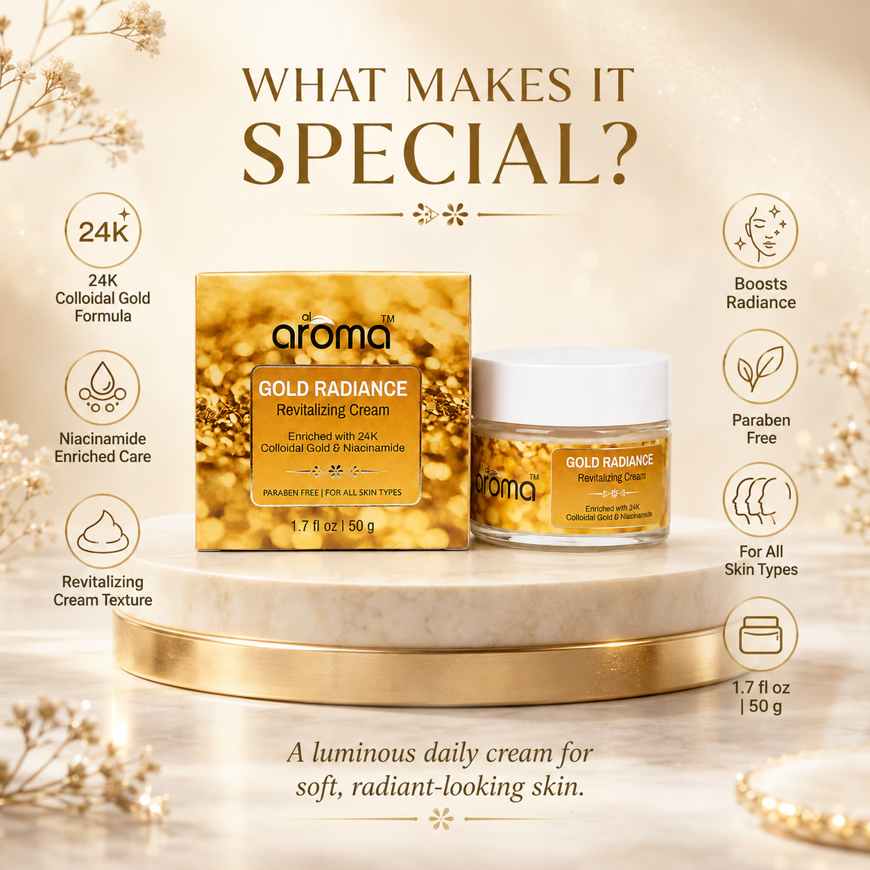 Gold Radiance Revitalizing Cream – Glow-Boosting Moisturizer with Real Gold & Skin Nourishing Actives