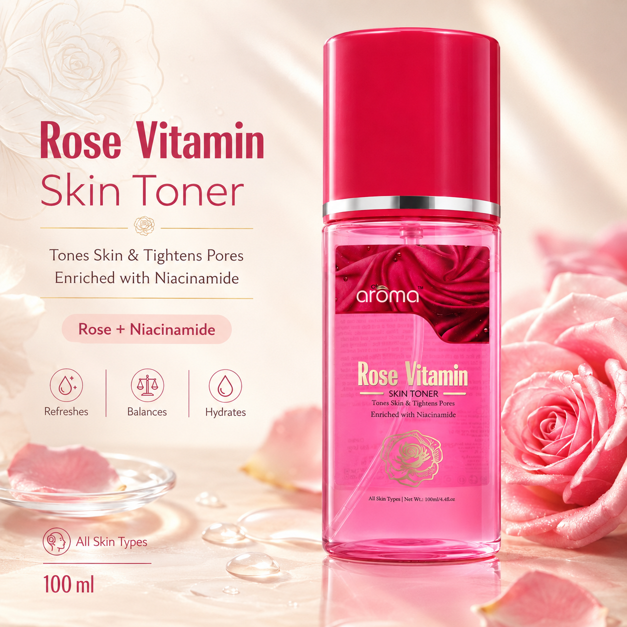 Rose Vitamin Skin Toner – Hydrating & Brightening Toner with Rose Water & Multivitamins