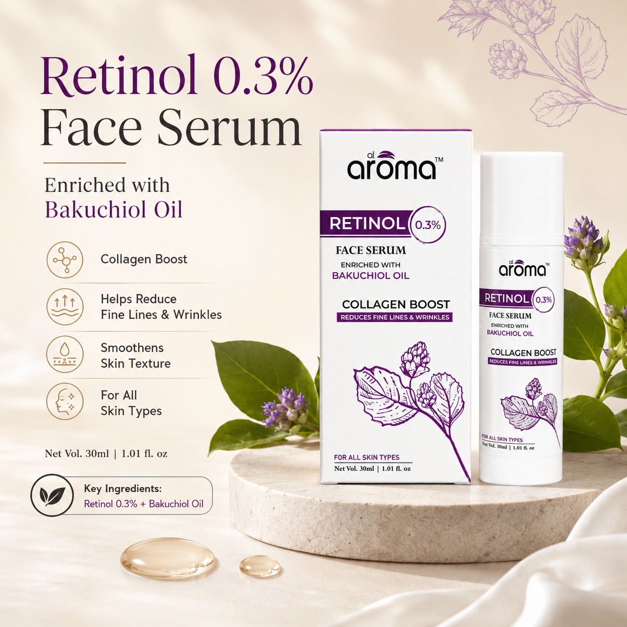 Retinol Face Serum with Bakuchiol Oil – Anti-Aging & Skin Renewal Serum for Fine Lines and Wrinkles