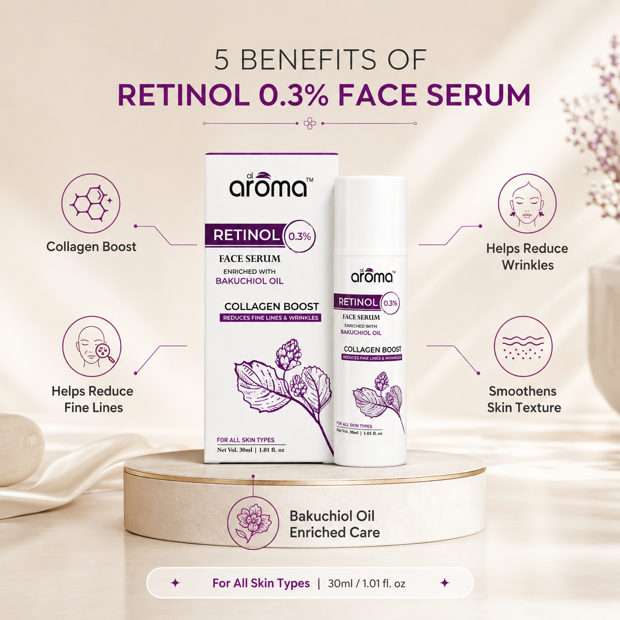 Retinol Face Serum with Bakuchiol Oil – Anti-Aging & Skin Renewal Serum for Fine Lines and Wrinkles