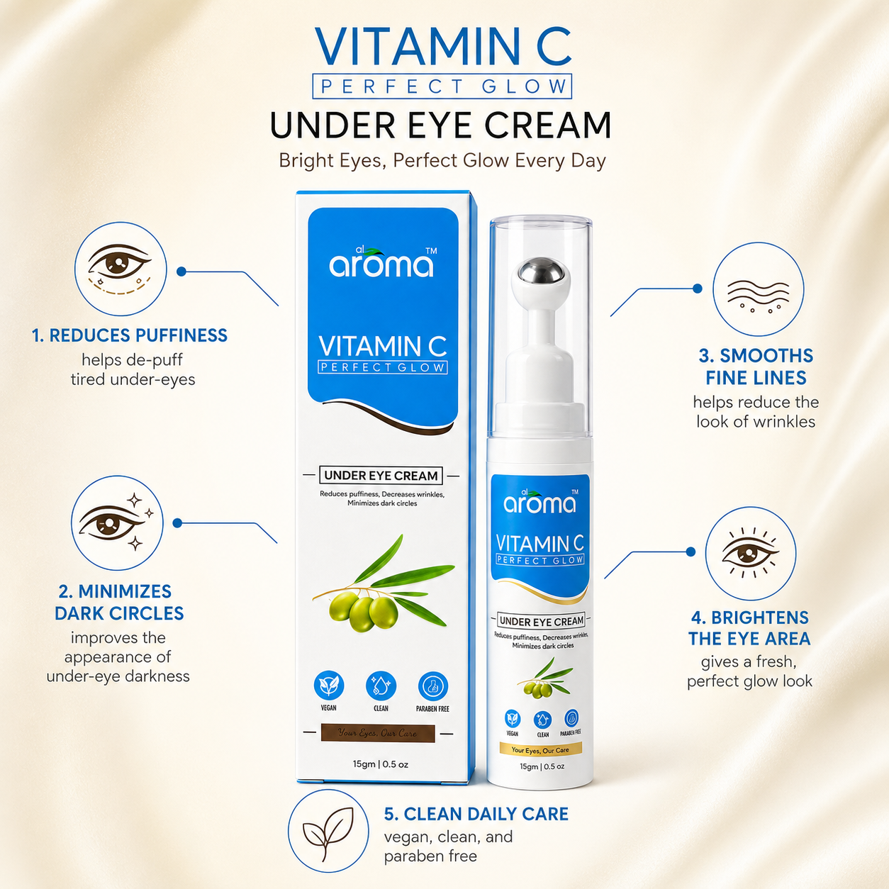 Vitamin C Perfect Glow Under Eye Cream – Brightening & Anti-Dark Circle Eye Cream with Vitamin C & Hyaluronic Acid