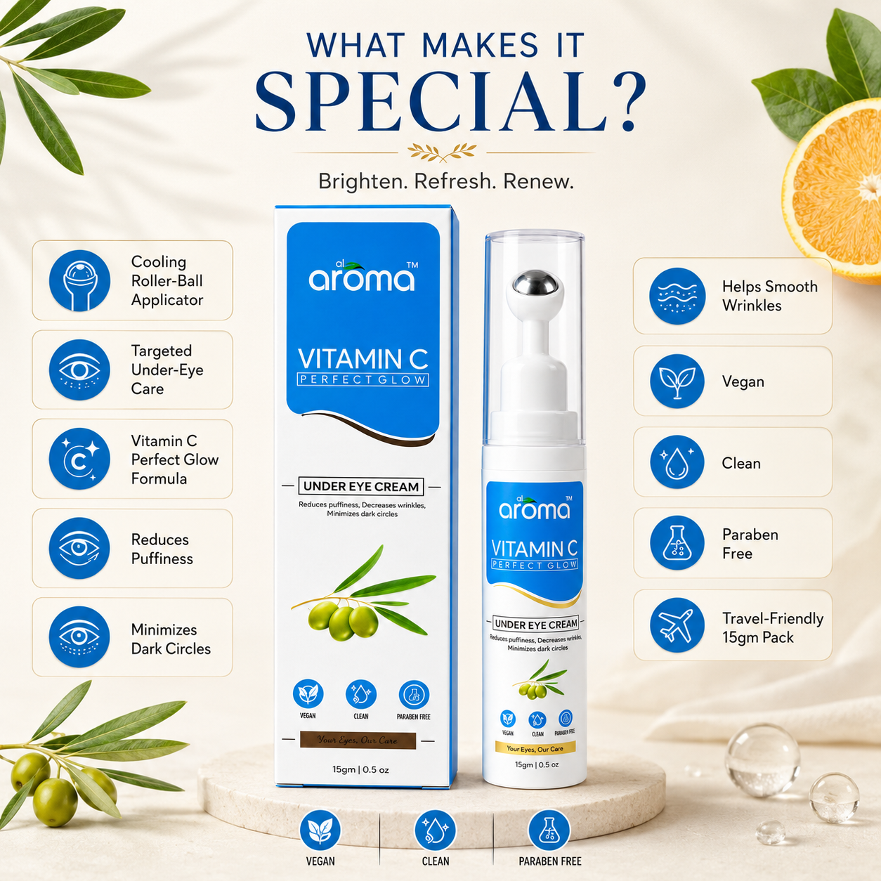 Vitamin C Perfect Glow Under Eye Cream – Brightening & Anti-Dark Circle Eye Cream with Vitamin C & Hyaluronic Acid