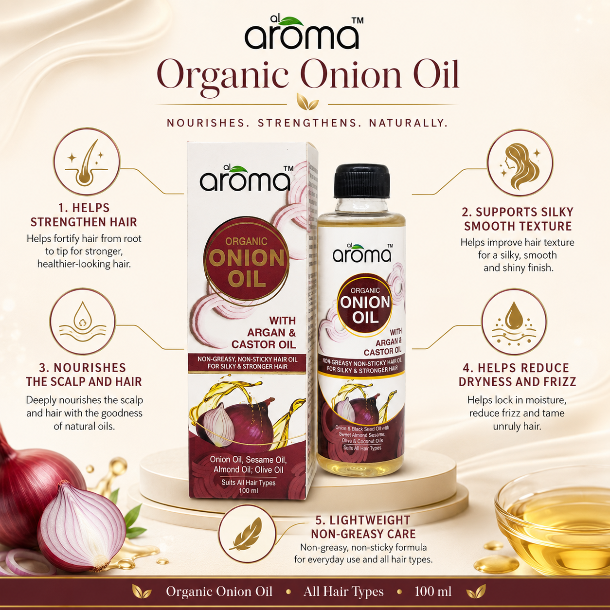 Organic Onion Hair Oil – Hair Fall Control & Growth Booster with Red Onion, Black Seed & Vitamin E