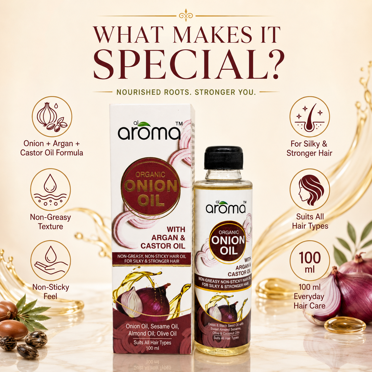 Organic Onion Hair Oil – Hair Fall Control & Growth Booster with Red Onion, Black Seed & Vitamin E