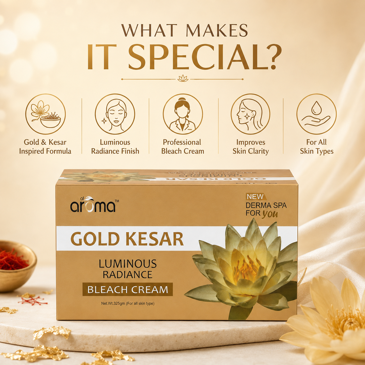 Gold Kesar Bleach Cream – Glow-Enhancing Bleach with Gold Dust & Saffron for Radiant Complexion