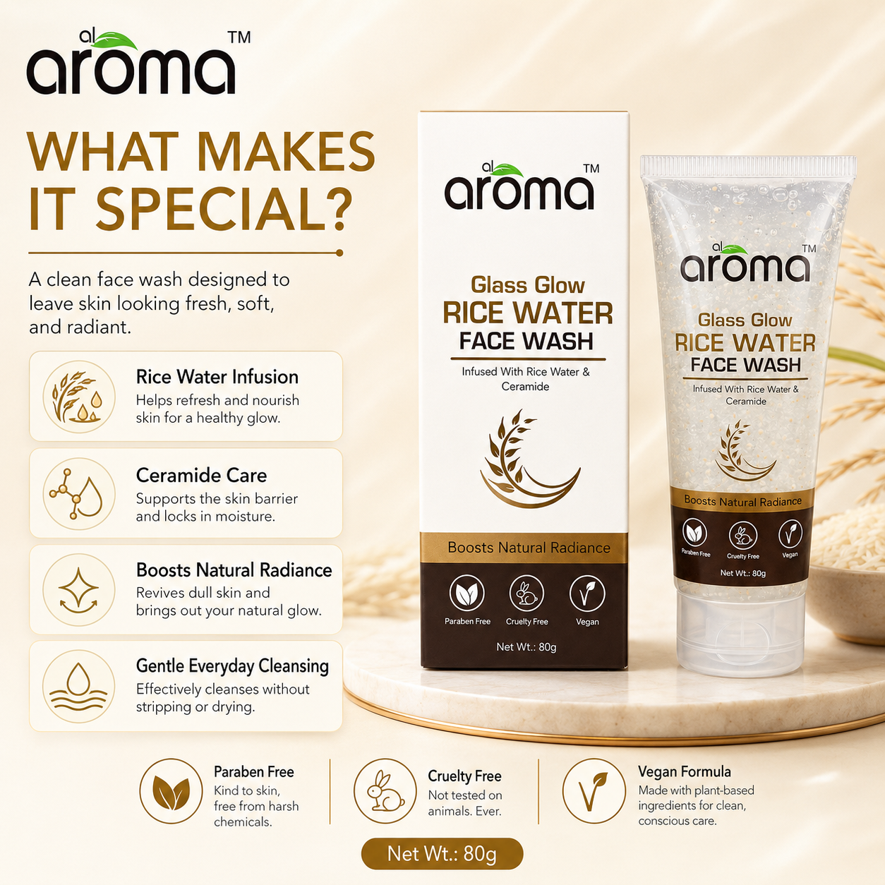 Glass Glow Rice Water Face Wash with Rice Water & Ceramide – Hydrating Korean Glow Cleanser