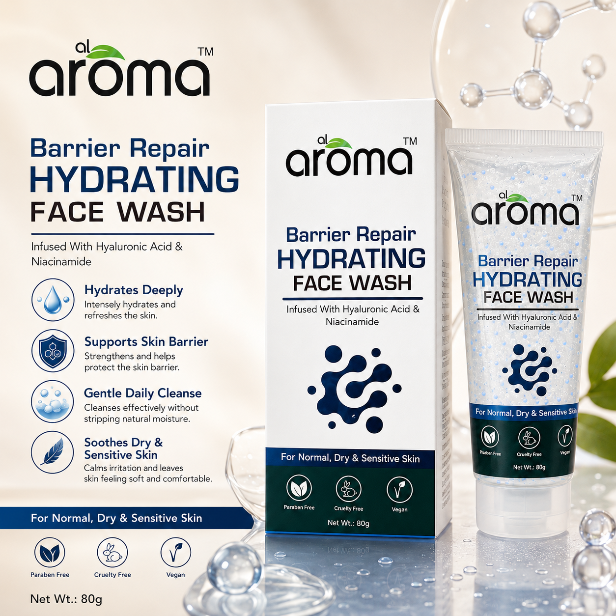 Barrier Repair Hydrating Face Wash with Hyaluronic Acid & Niacinamide – Moisture Lock & Skin Barrier Support Cleanser