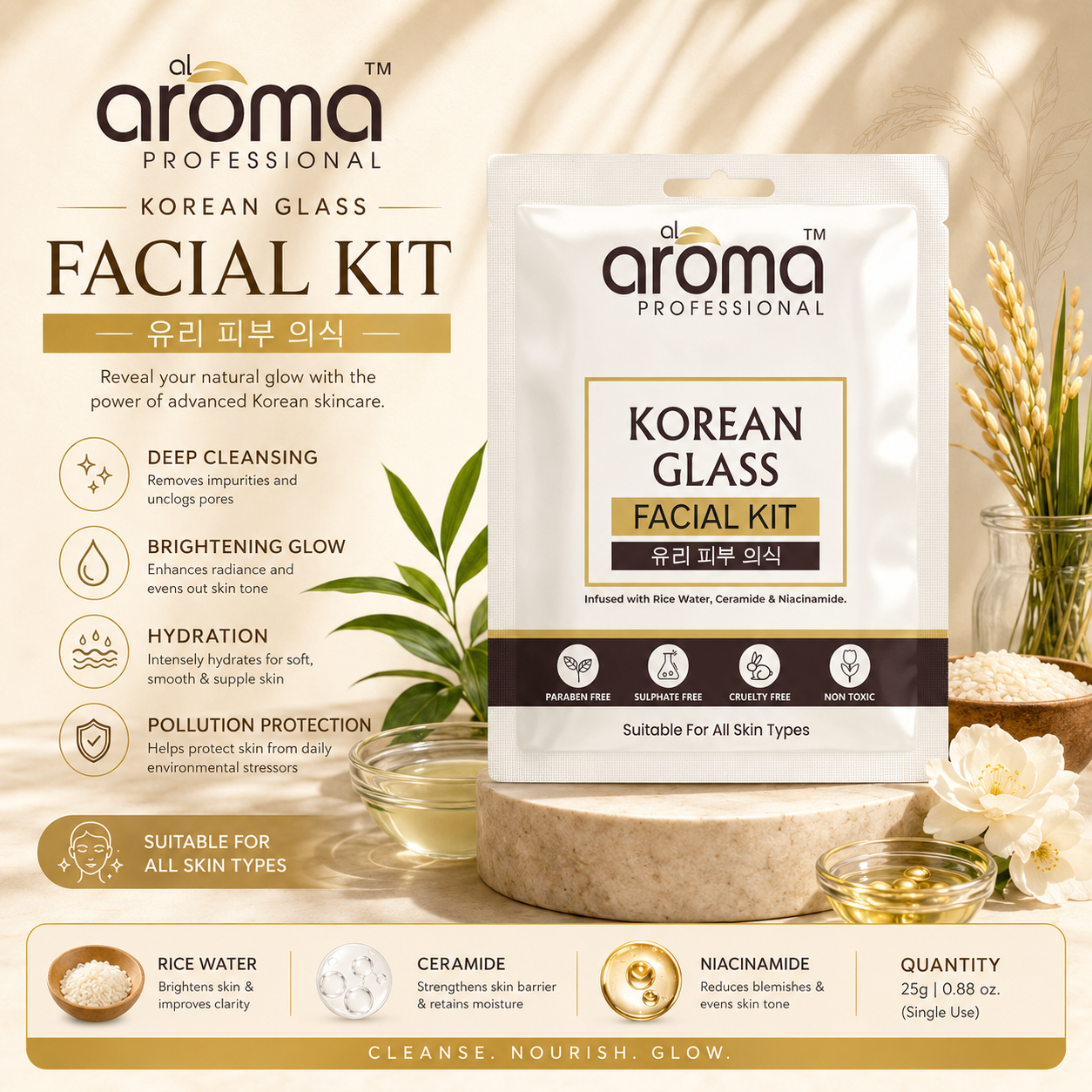 Korean Glass Facial Kit – 8 Step Brightening Facial with Rice Water, Ceramide & Niacinamide for Glass Skin Glow
